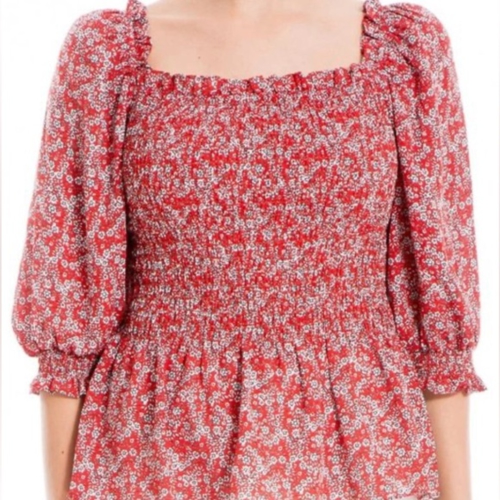 Max Studio Smocked Elbow Sleeve Top - White and Red Floral Size S